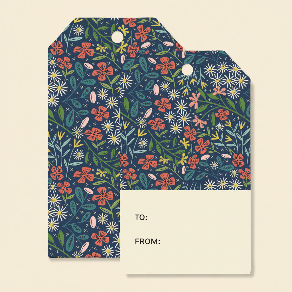 Floral patterned gift tag with 'To' and 'From' fields on a white background
