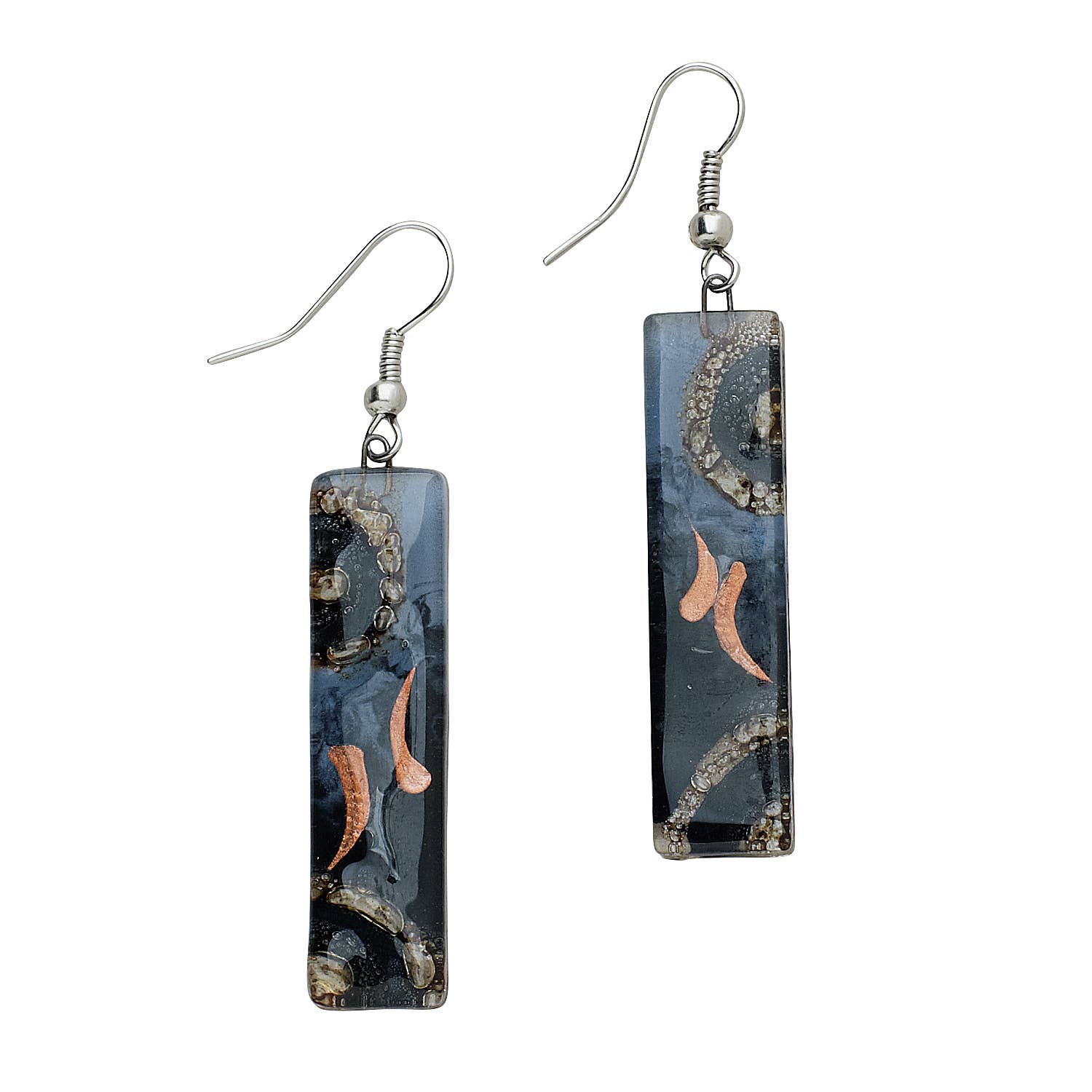 Fused glass earrings with iridescent colors and clean rectangular shape, handmade in Chile.