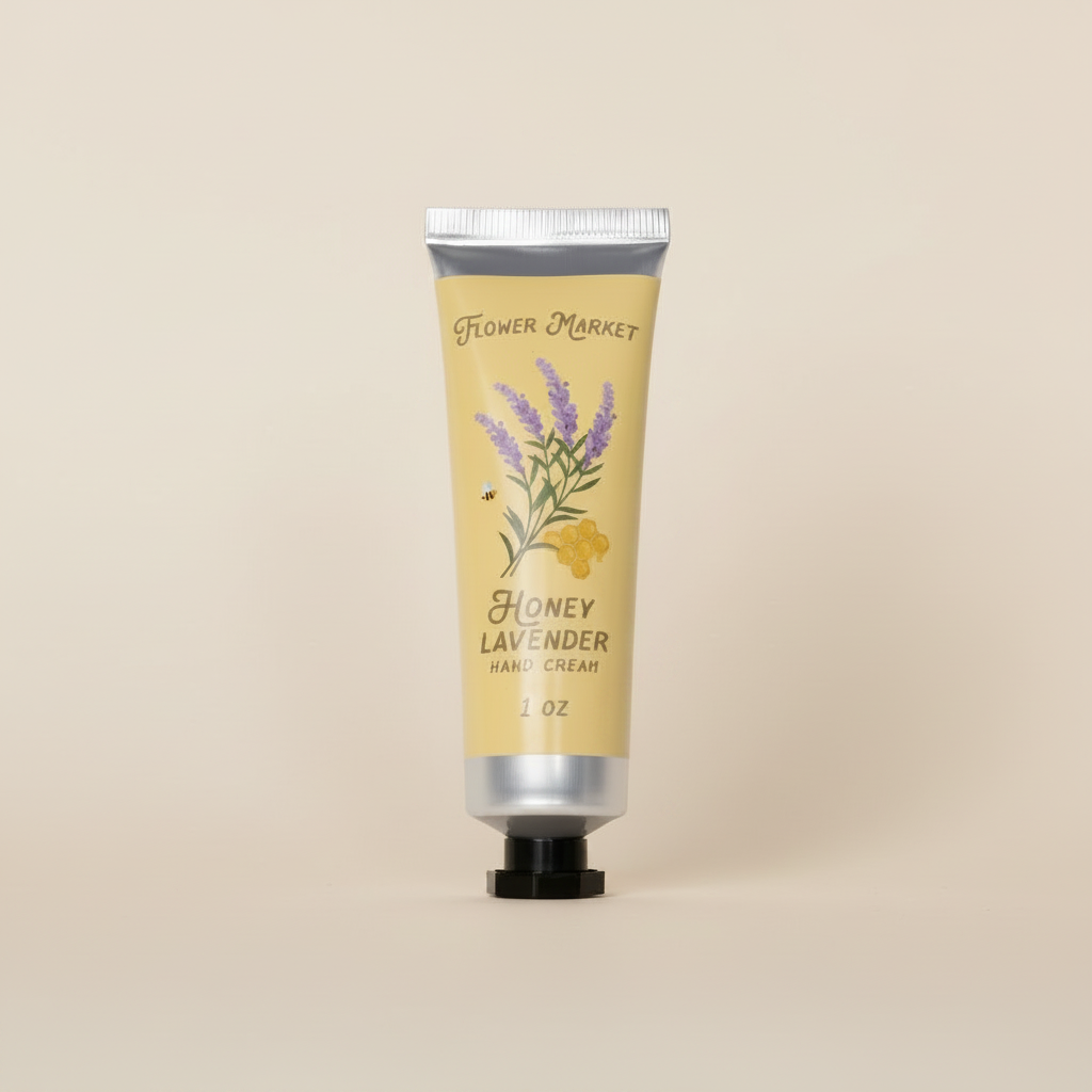 Hand cream tube labeled 'Flower Market Honey Lavender' on a white background