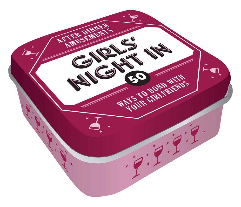Pink tin box with 'Girls' Night In' text and wine glass designs on a white background