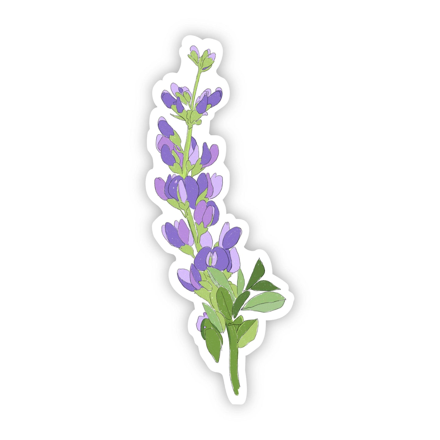 A sticker depicting a purple flower with green leaves on a white background.