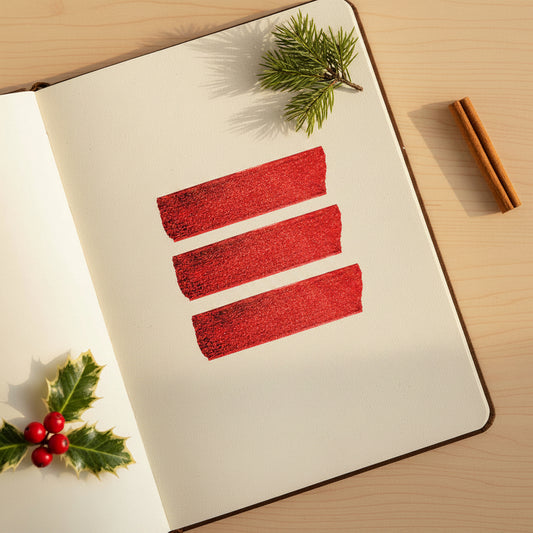 Up close view of the glittery red washi tape in strips on a craft journal with holiday elements in the background