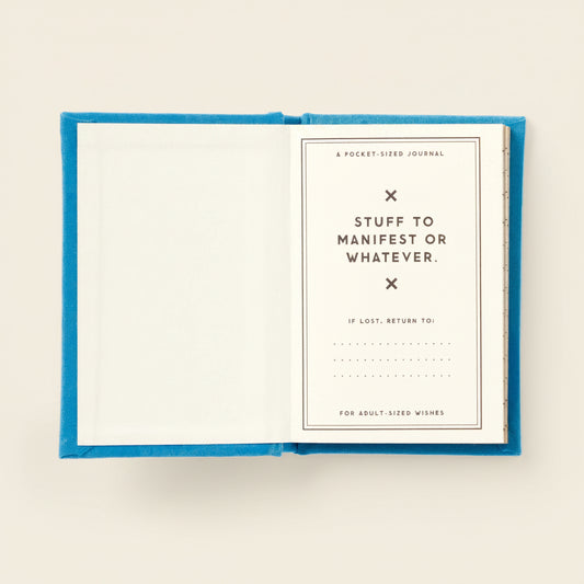 Open mini journal with blue hardcover and text, 'Stuff to Manifest or Whatever.' on a light beige background