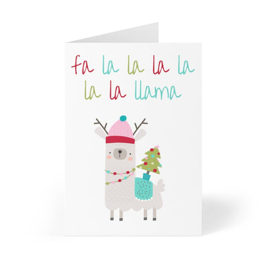 Christmas card with a llama wearing a Santa hat and holding a Christmas tree, with text 'Fa la la la la la la llama' on a white background.