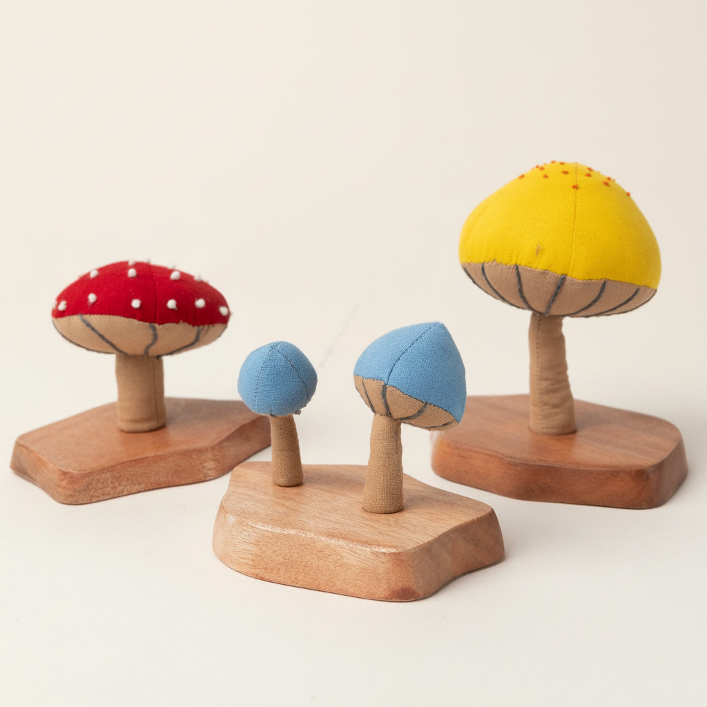Full mushroom trio shown with blue and yellow companions (sold separately)