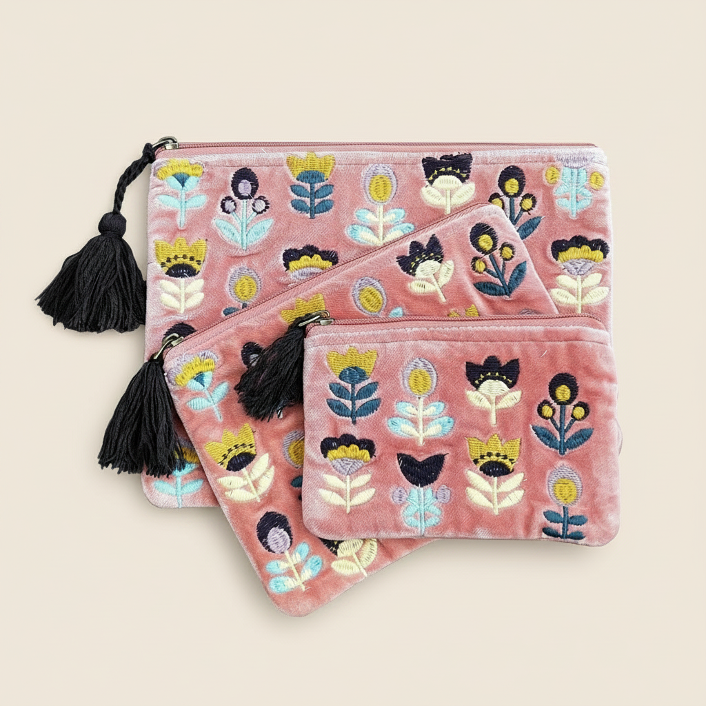 Three pink pouches with tulips embroidered in multicolor thread on a white background