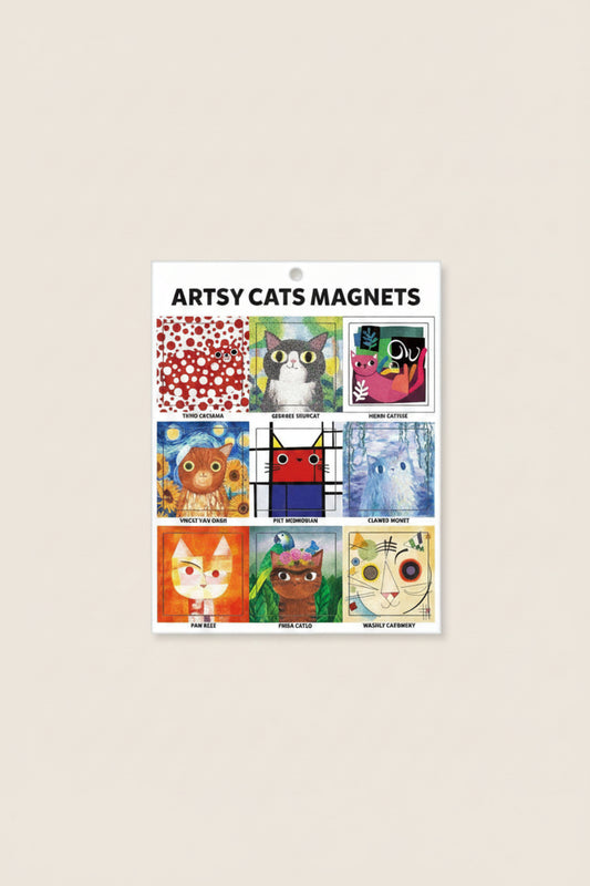 Set of nine square magnets featuring artistic cat parodies