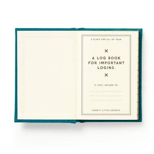 Open teal notebook with a log book for important logins on a white background