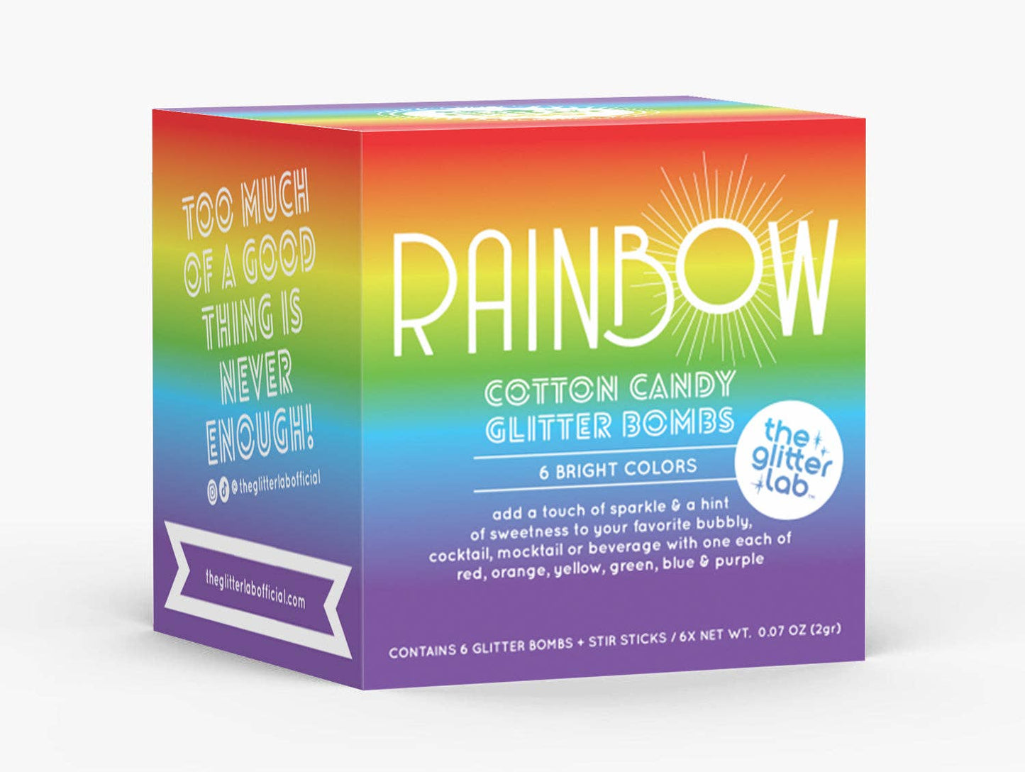Box of Rainbow Glitter Bombs with six vibrant pouches and stir sticks, ready to add sparkle to your Pride celebration.
