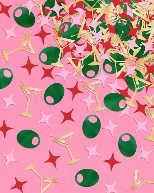 Martini Moment confetti with gold martini glasses, green olives, and pink and red foil sparkles for party celebrations