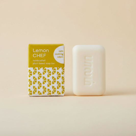 Lemon Chef handcrafted plant-based soap bar with packaging on a white background