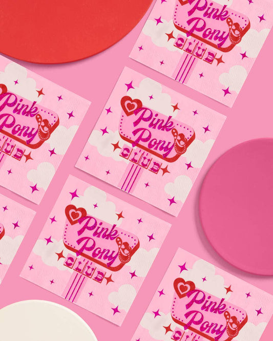 Pink Pony Club napkins for birthday parties, featuring pink & white design with pink iridescent foil | 25 3-ply cocktail napkins