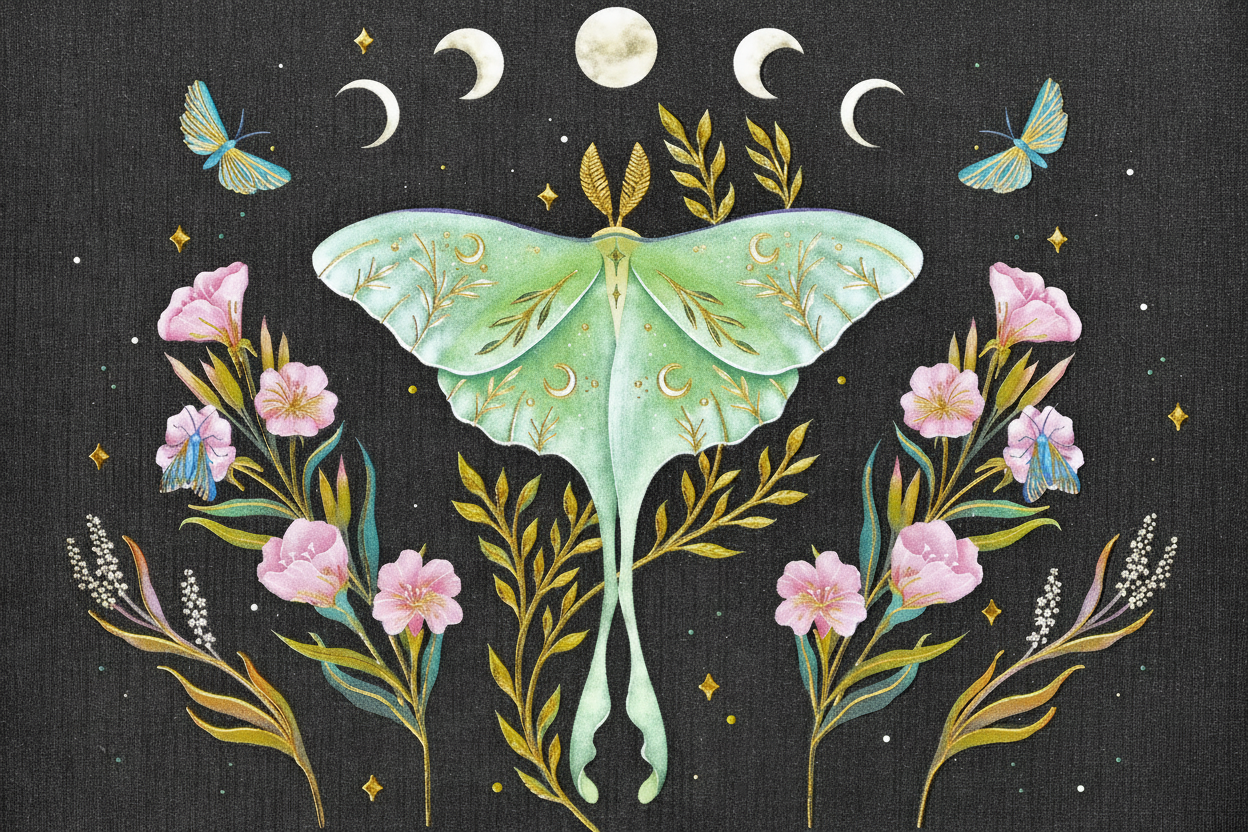 Lunar Moth note card with celestial floral design and shimmering gold foil accents