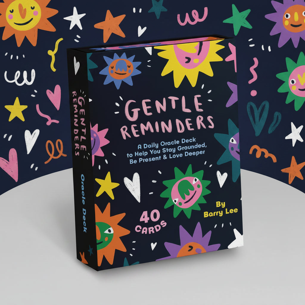 Card deck packaging with colorful designs and text on a white background