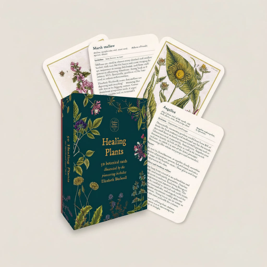 Healing Plants card set with green box and botanical illustrations on a white background