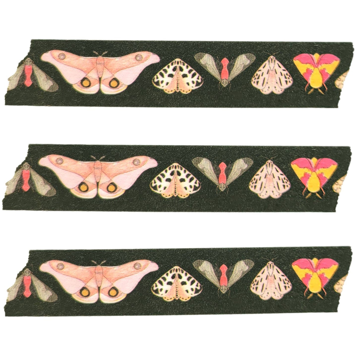 Three strips of the Moth washi tape on a white background