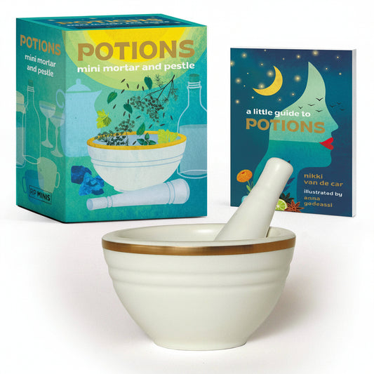 White mortar and pestle with 'Potions' packaging and guide on a white background