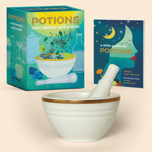 White mortar and pestle with 'Potions' packaging and guide on a white background
