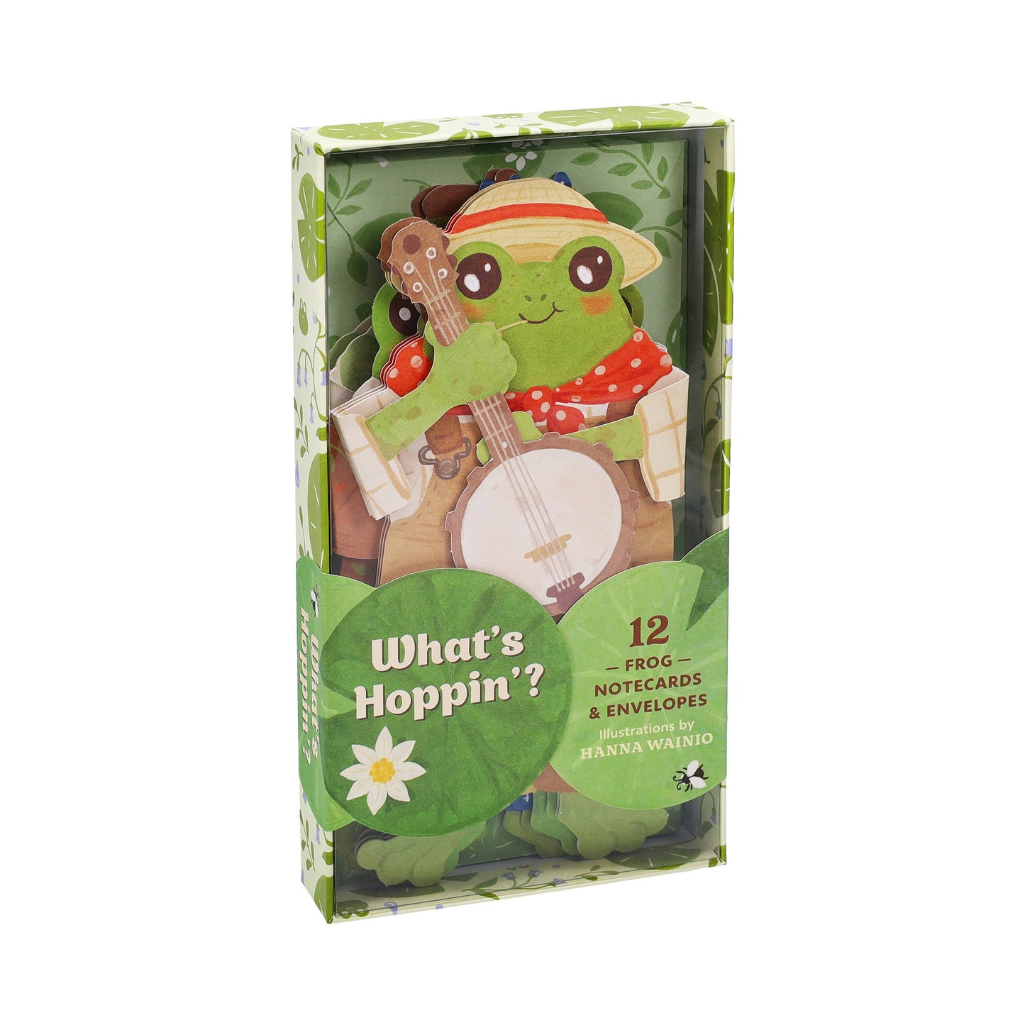 Quirky amphibian notecards arranged neatly, featuring four themed frog designs.