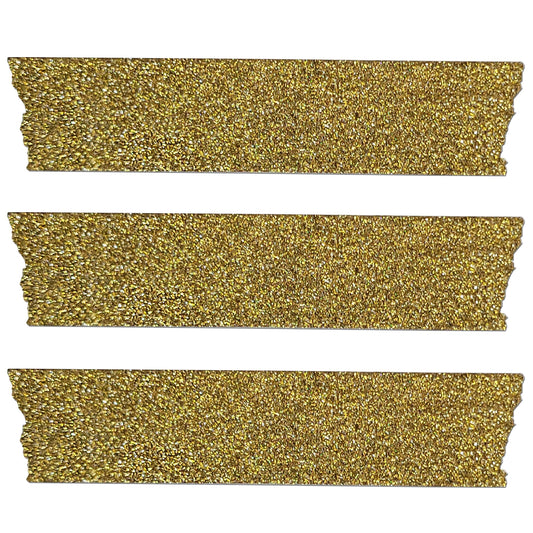 Three strips of the glittery gold washi craft tape on a white background