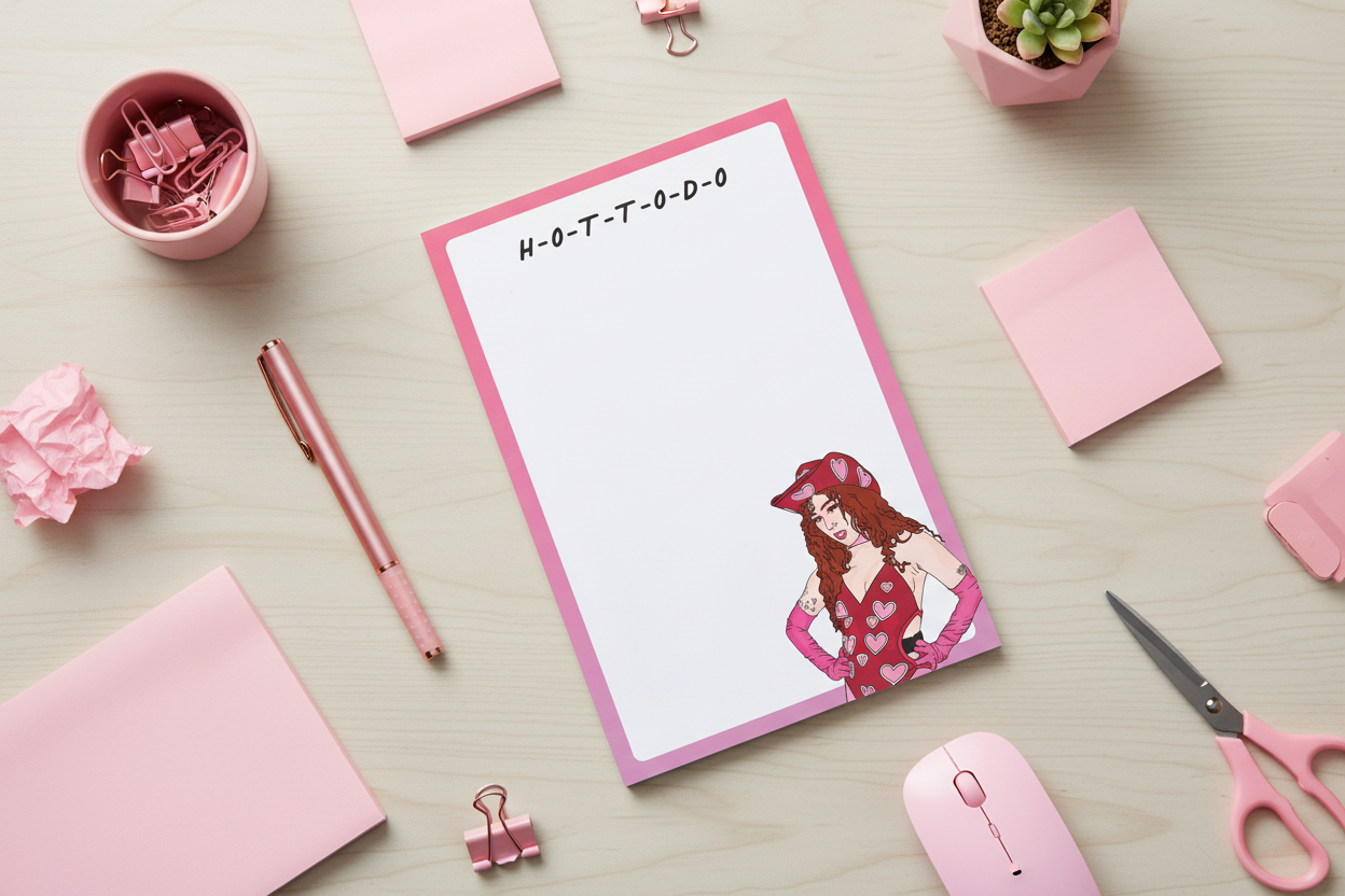 A notepad with a colorful illustration of a character on the cover, with the text 'H-O-T-T-O-D-O' displayed on the top line.