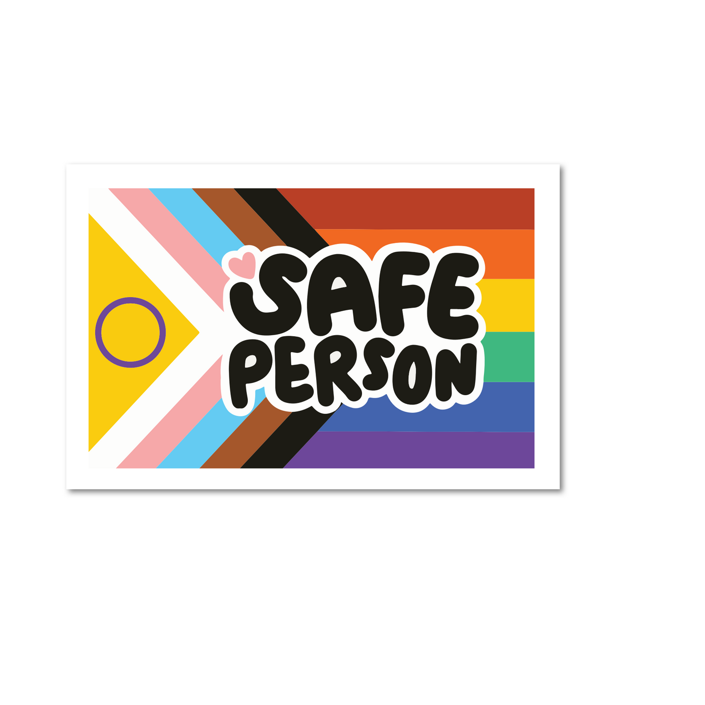 A sticker featuring the Safe Person flag design with a colorful striped background and the text 'SAFE PERSON' prominently displayed in the center.
