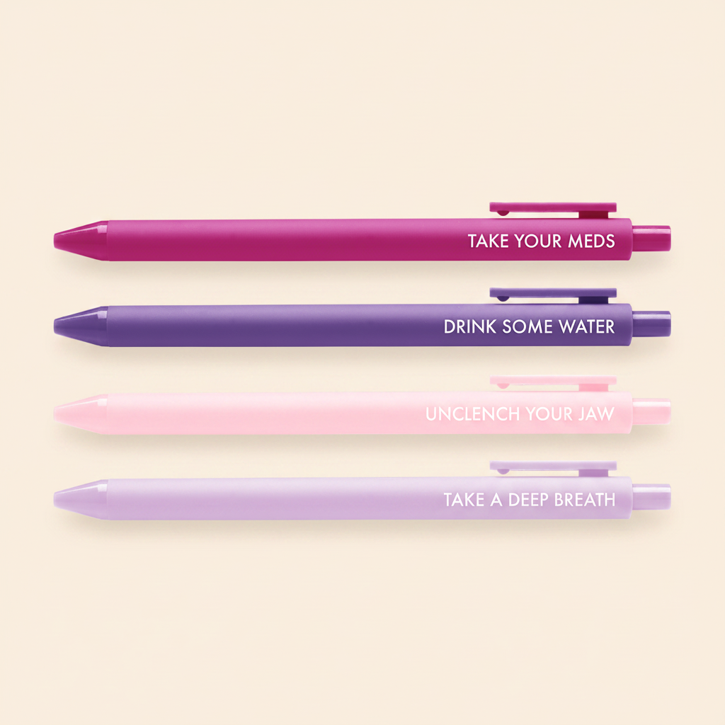Four pens in different colors with self care motivational phrases on a white background