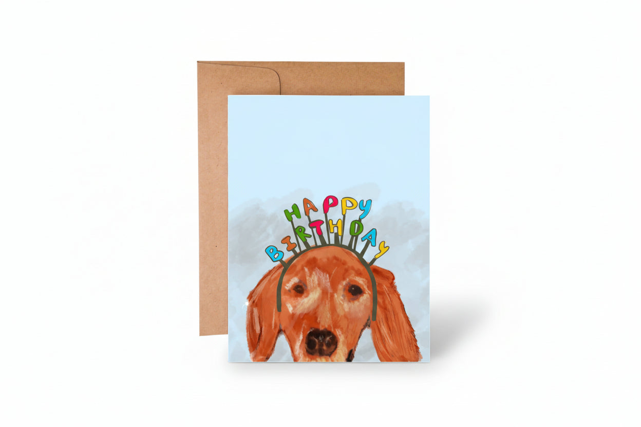 Golden Retriever wearing a birthday headband illustration on white card