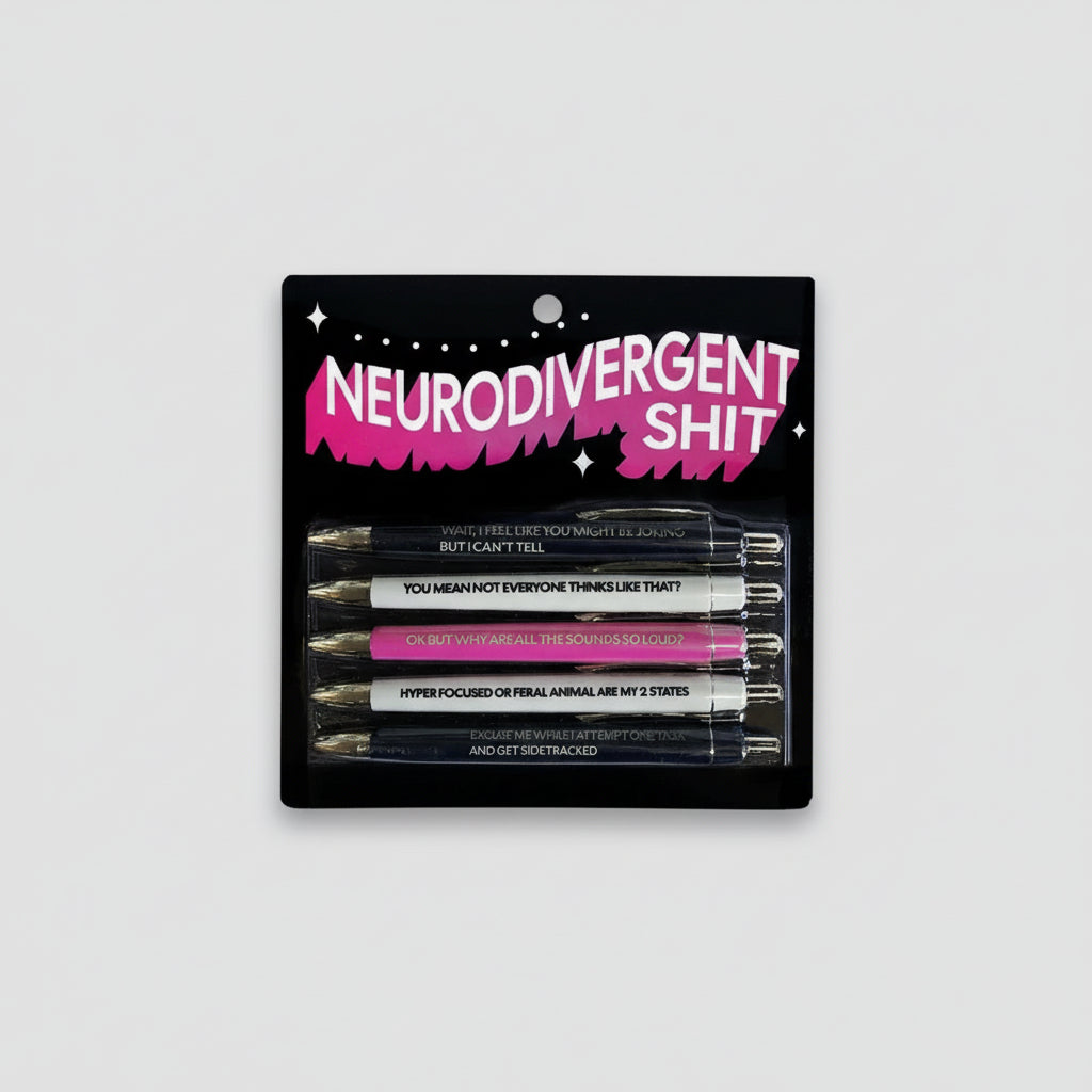 Pack of pens with humorous quotes of Neurodivergent shit on a black background