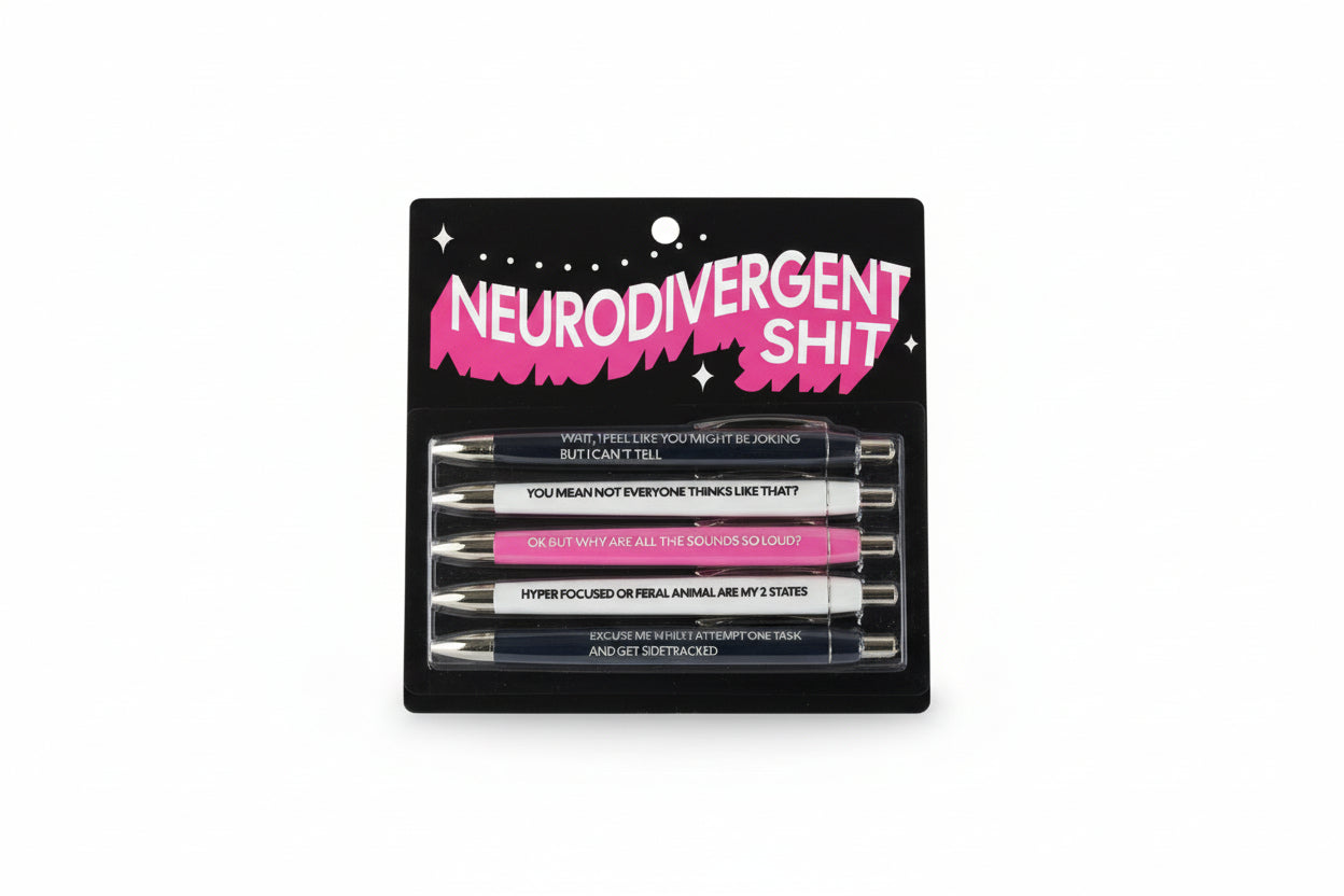 Pack of pens with humorous quotes on a black background
