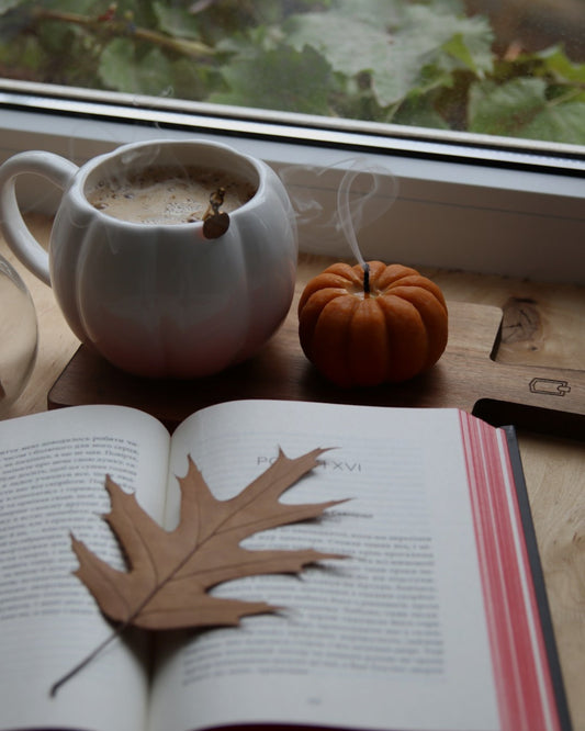 Image of a book open with an autumn leaf laying on top, a warm mug with a holiday drink and cinnamon stick accent with a holiday themed background.