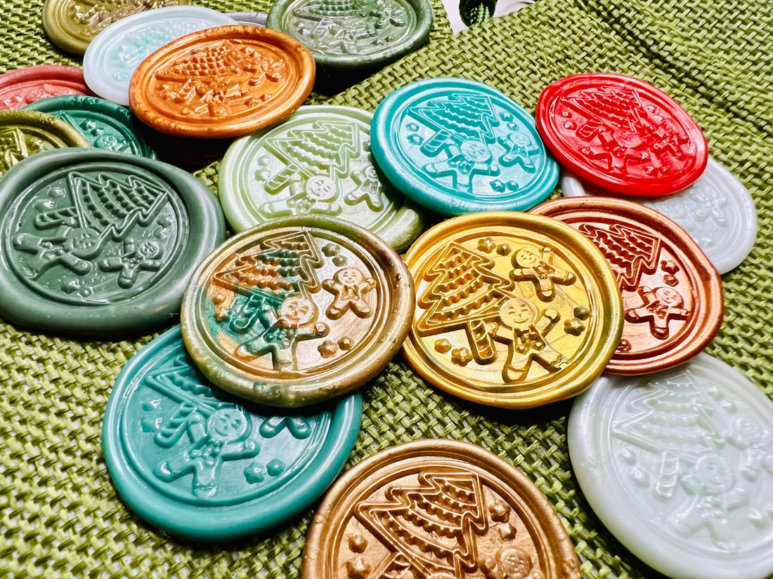 Image of holiday wax seal sticker embossed with gingerbread men and other holiday details