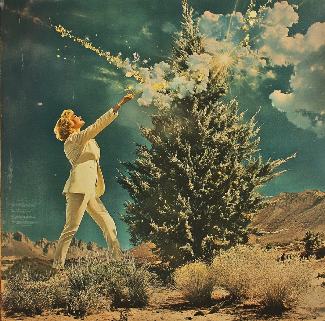 A woman in a white suit throwing fairy dust at a tree in the desert creating an abstract art piece