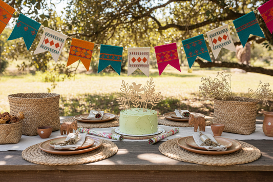 A bright, high-quality lifestyle photograph of a festive table setting. The scene features eco-friendly party poppers, colorful reusable banners, and elegant cake toppers on a small cake.