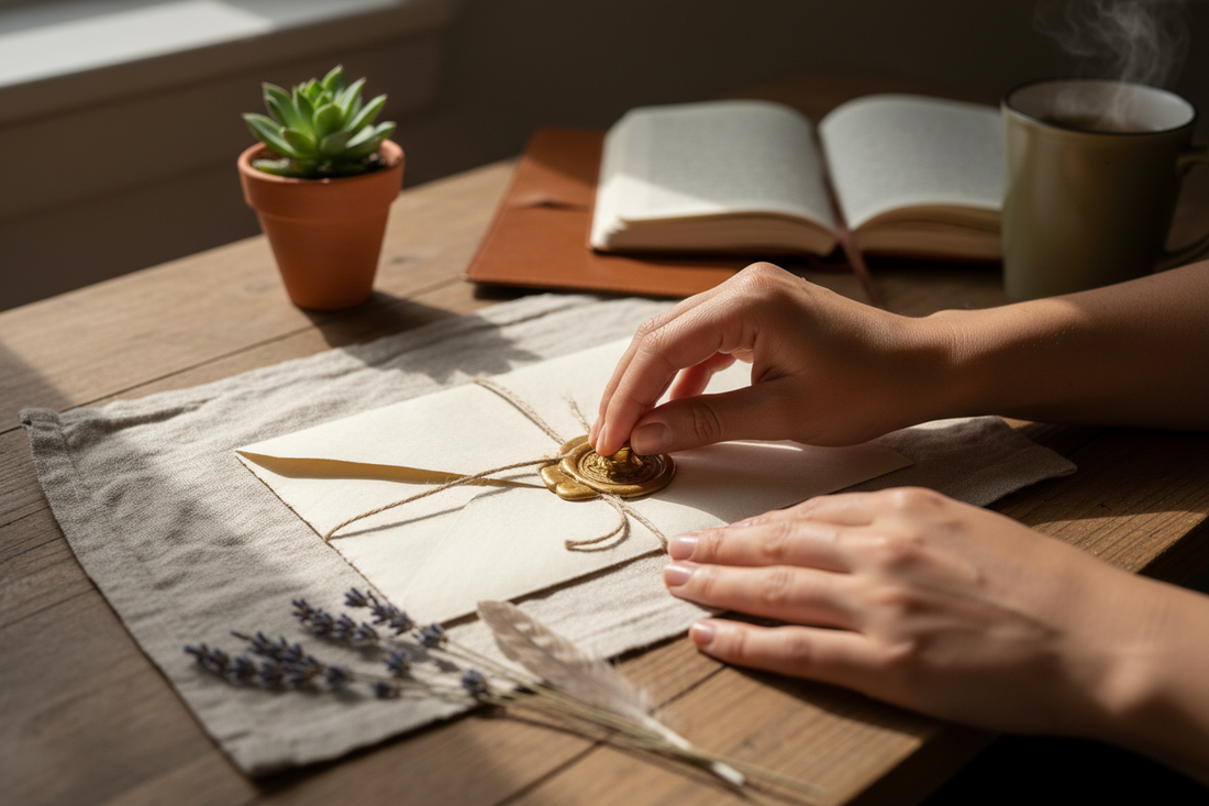 A serene, high-quality photograph of a creative woman’s hands working with a golden wax seal on a handcrafted envelope.