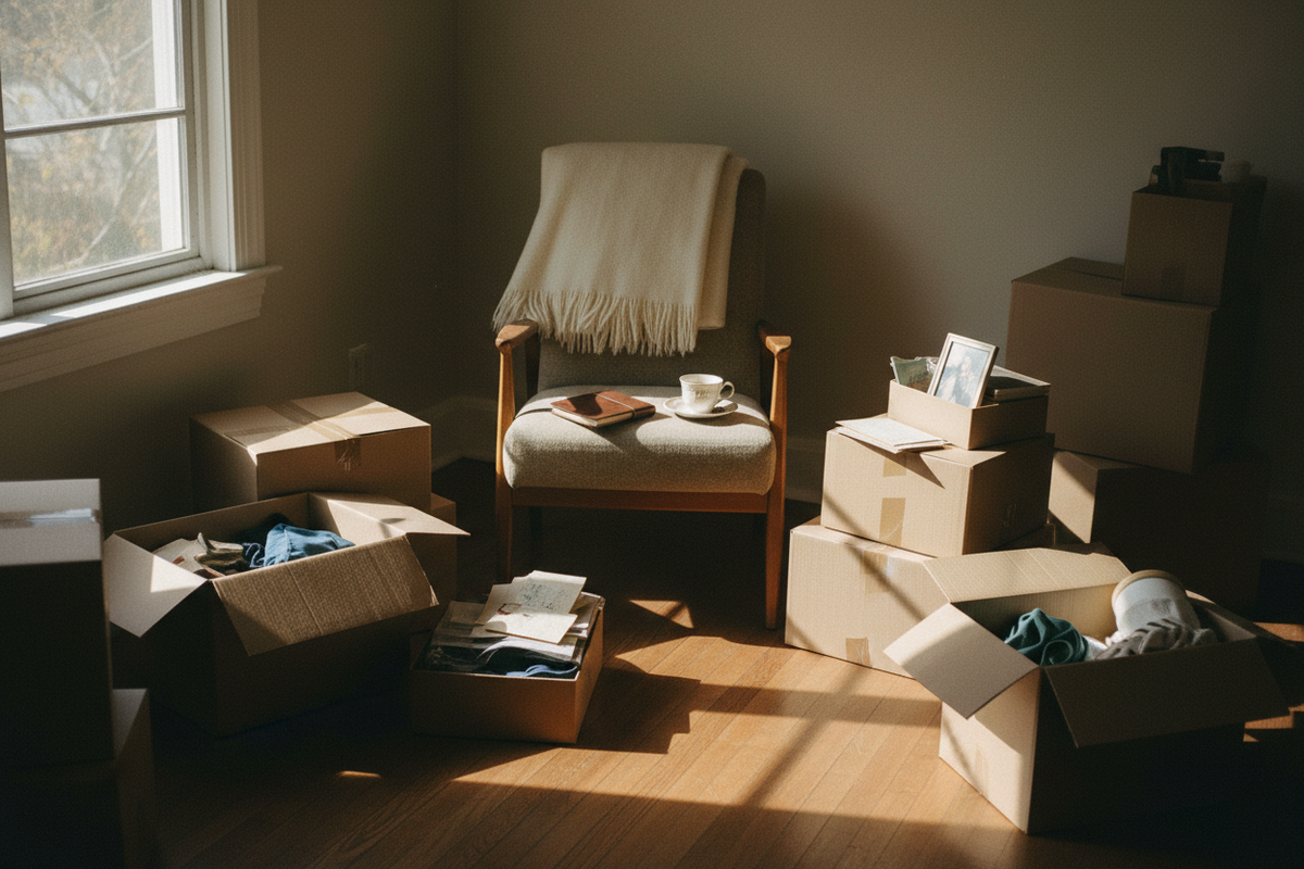 A softly lit room mid-move with half-packed cardboard boxes, a folded blanket on a chair, and a few personal objects left out as if being reconsidered.