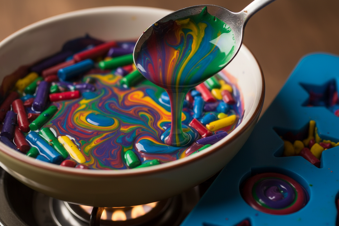Melting pot of colorful crayons being repurposed for art and craft projects with a silicone mold and on a tabletop