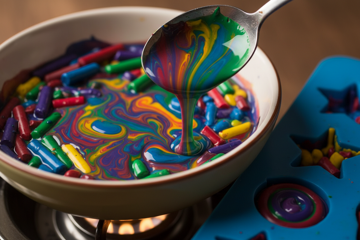 Melting pot of colorful crayons being repurposed for art and craft projects with a silicone mold and on a tabletop