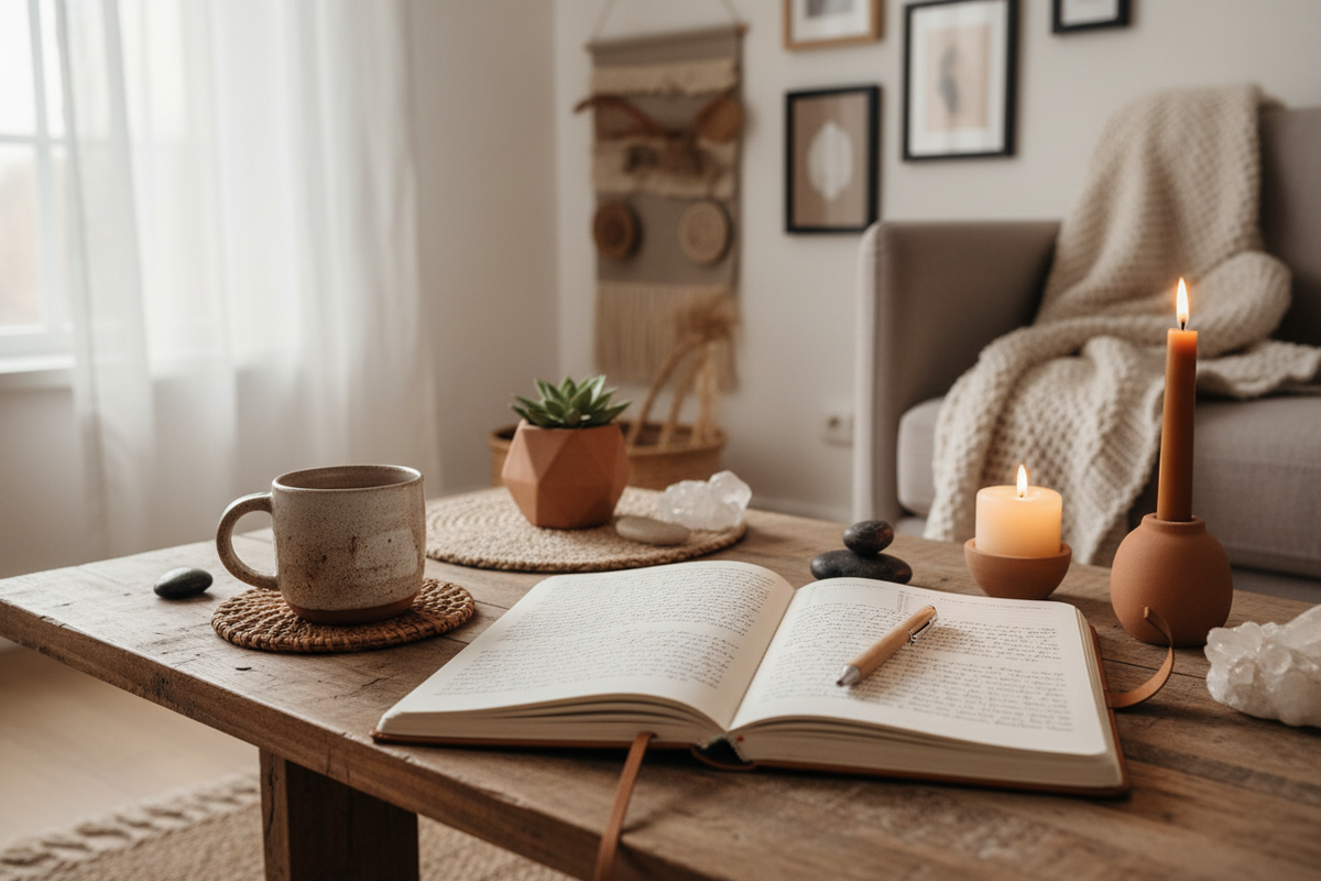 Image of a journal in a reflective and serene environment with natural elements and lighting.