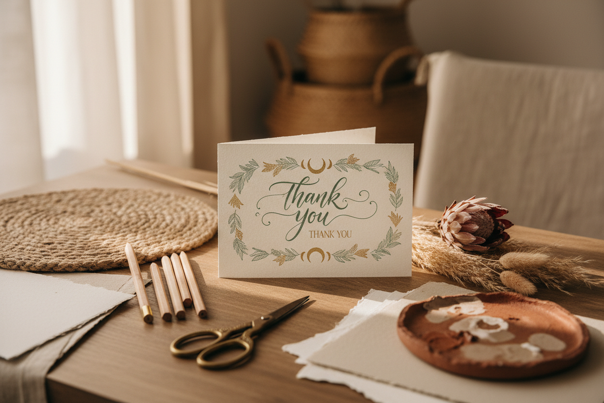 Thank you card displayed on a desk top with natural elements and art supplies.