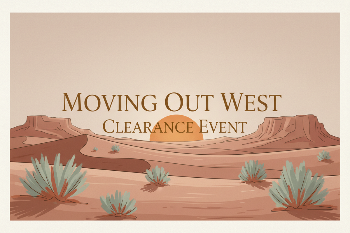 'Moving Out West Clearance Event' with a vintage western background
