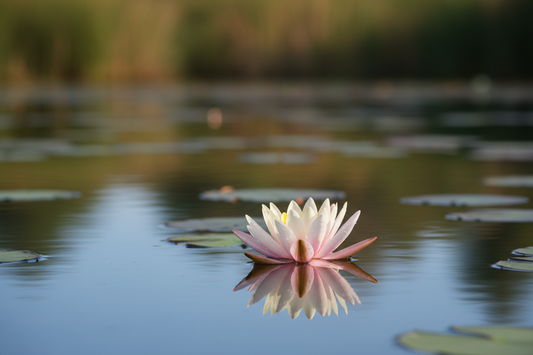 A lotus flower floating in a serene pond in natural lighting.