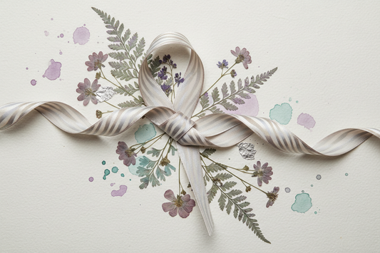 Dried plant leaves around a watercolor background and with a neutral bow on a natural background.