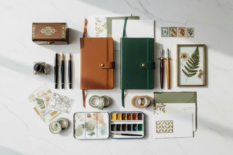 Various journaling and creative items placed on a white tabletop.