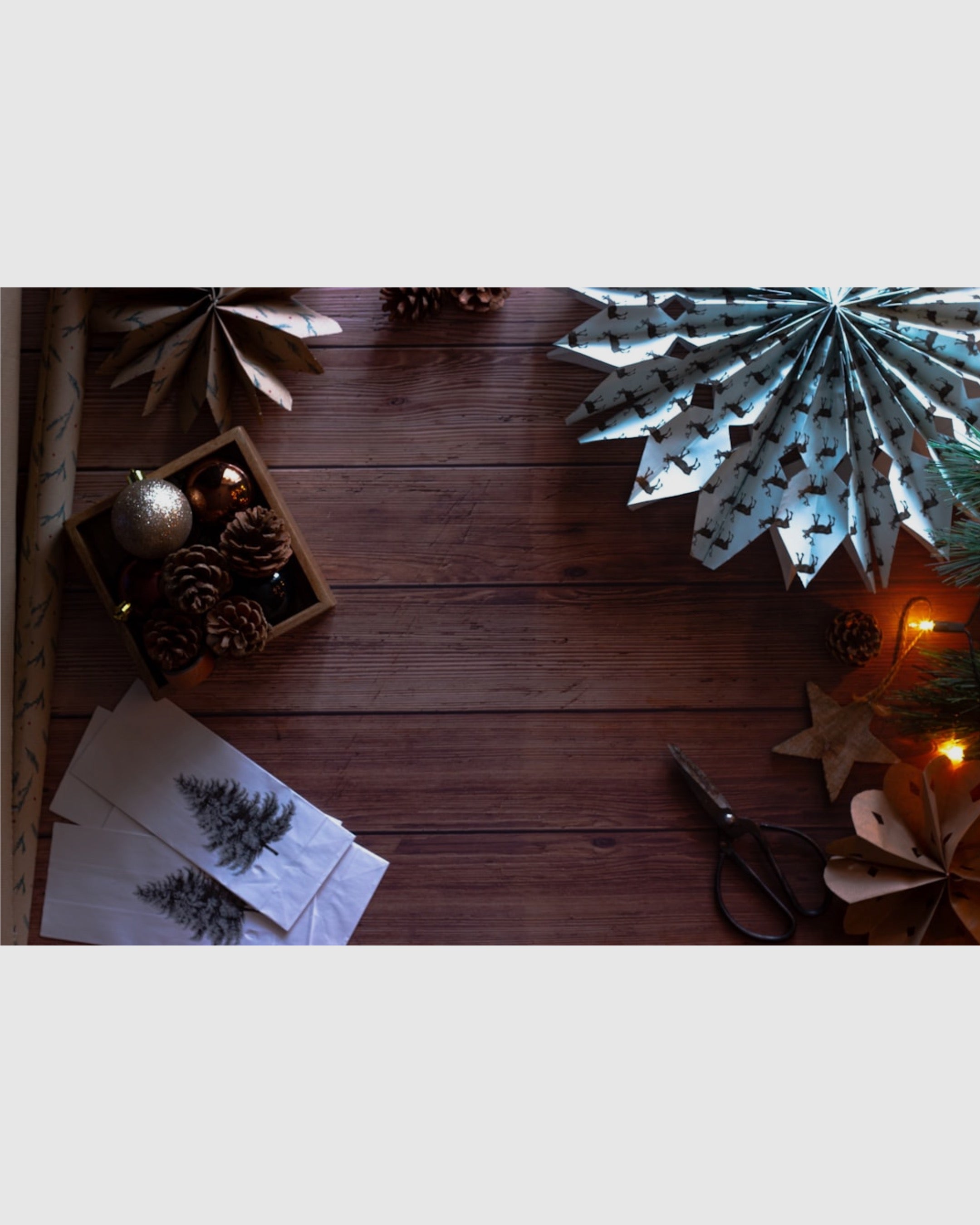 Image of holiday seasonal decor on a wooden surface