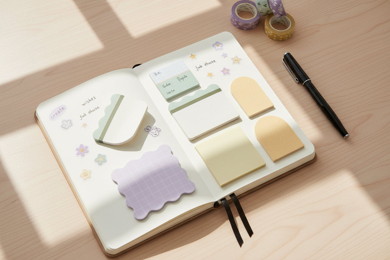 Open journal with various color sticky notes on a desktop with stationery items