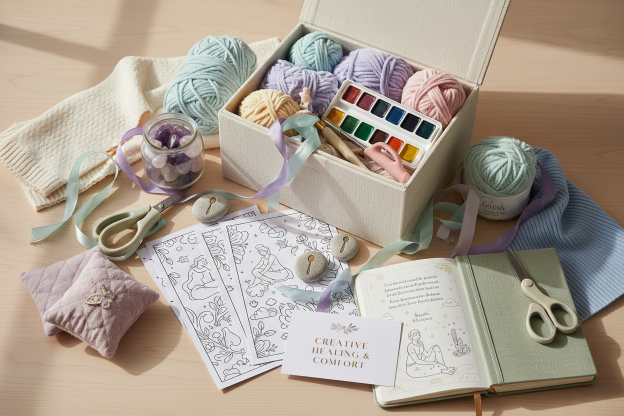 Craft table topped with a variety of crafting items in various colors.