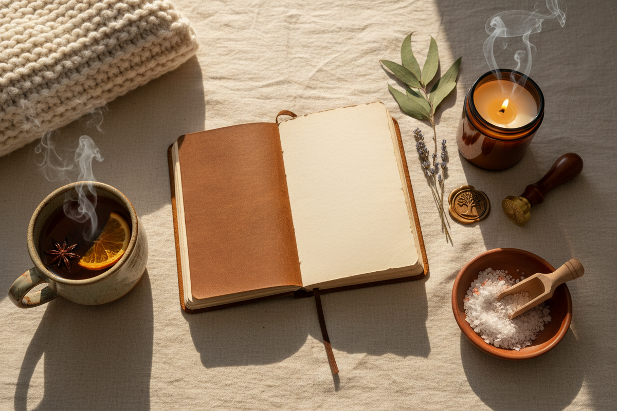 Collection of self care items including a blanket, candles, humidifier, eye mask on a light beige background