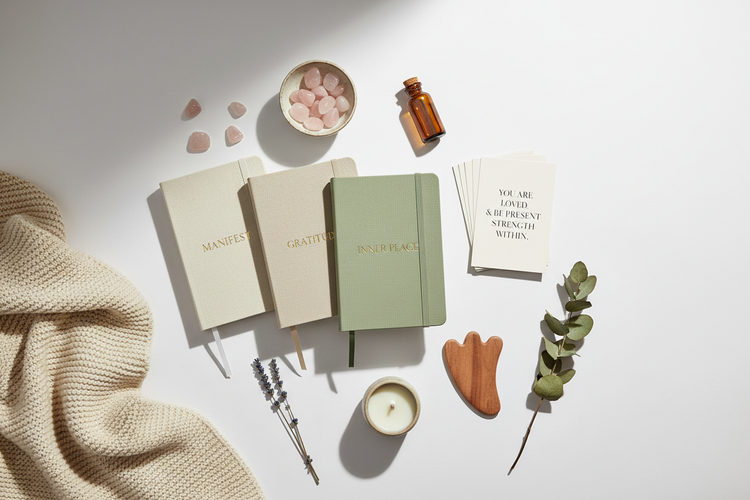 A variety of self care items in earthy tones and on a natural white background.