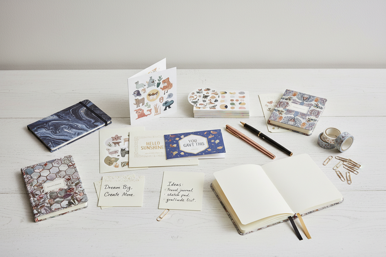 A variety of stationery items laid out on a white background.
